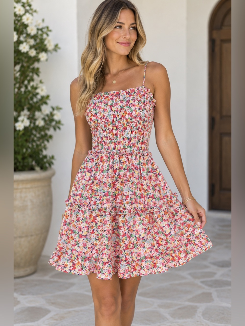 Jessica Simpson Ditsy Floral Multicolor Smocked Tiered Mini Dress